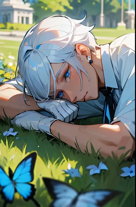 Excellent, masterpiece, white hair, blue eyes, hair, fair skin, man face with sharp angles in the garden park male bust shot lying on his side on the park grass with tears on his face a blue butterfly on his nose, clear despair in his eyes, white shirt, he...