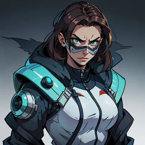 Woman in her 30s, slim, futuristic jacket, (evil), angry, she wears a futuristic protection mask with helmet covers her face, small breats, simple background