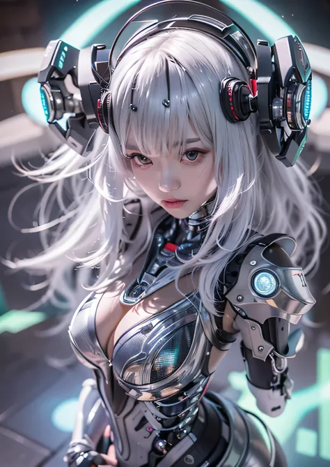 highest quality、master piece、超A high resolution、(Photoreal:1.4)、Raw photo、Combat Robot Angel、Large metal wings、white porcelain body、Acrylic transparent cover、white hair、glowing skin、1 cyborg girl、((Ultra realistic details))、porate、global illumination、Black...