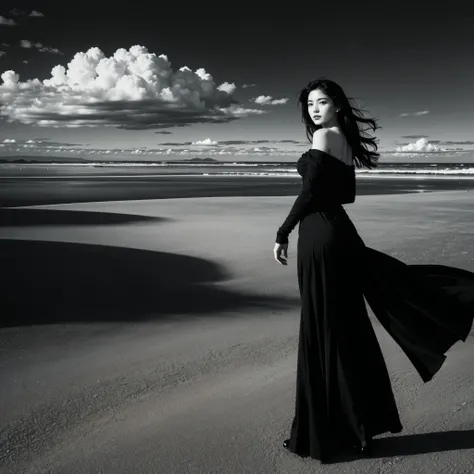 (black and white photography, high contrast、Infrared Filter)、highest quality, masterpiece, ultra high resolution, (realistic:1.4), Raw photo, 1 girl, beautiful face、off shoulder, Distant view of the dune ridge from a high vantage point、Woman standing with ...