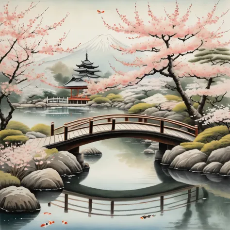 A tranquil Japanese garden in the style of Ukiyo-E, with delicate cherry blossoms and a wooden bridge over a koi pond, rendered in soft Japanese ink washes reminiscent of artist Hiroshige.