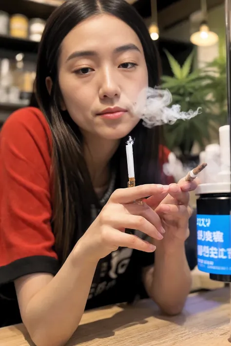 A woman smokes a cannabis joint at a cannabis cafe in Japan、Live-action version