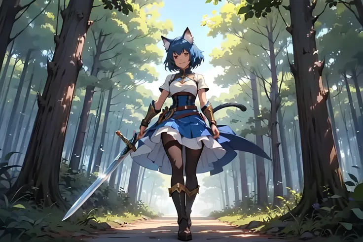 Anime, miria, cat ears, (cat tail), flying through the sky, golden leotard armor, In Battle, Chaos, holding sword in hand, masterpiece ,pantyhose, boots,magicalgirl body suit, large skirt, smile, long skirt,standing, forest, blue hair