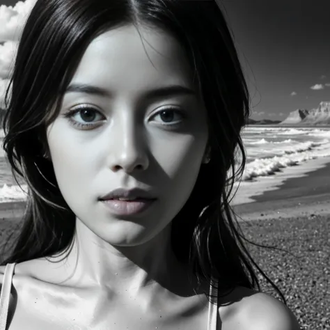 (black and white photography, high contrast、Infrared Filter)、highest quality, masterpiece, ultra high resolution, (realistic:1.4), Raw photo, 1 girl, beautiful face、off shoulder, Distant view of the dune ridge from a high vantage point、Woman standing with ...