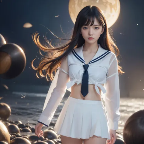 sailor suit、embarrassing、one beautiful woman、detailed face、fine hands、thin legs、(debris flies, highest quality:1.2), 8K, official art, chest、cute、I can see your pants、pull the skirt、 planet, trending on cgstation, 太陽系外planet, official art, mar planet, Saki...