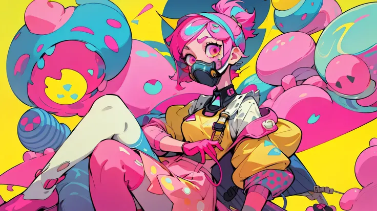 kpop girl with short nice fadecut pink hair, colorful glowing gass mask, lots of shapes attatched everywhere, random shapes mostly triangle, yellow skirt with polcadots, red gloves, and an 2 antena headband