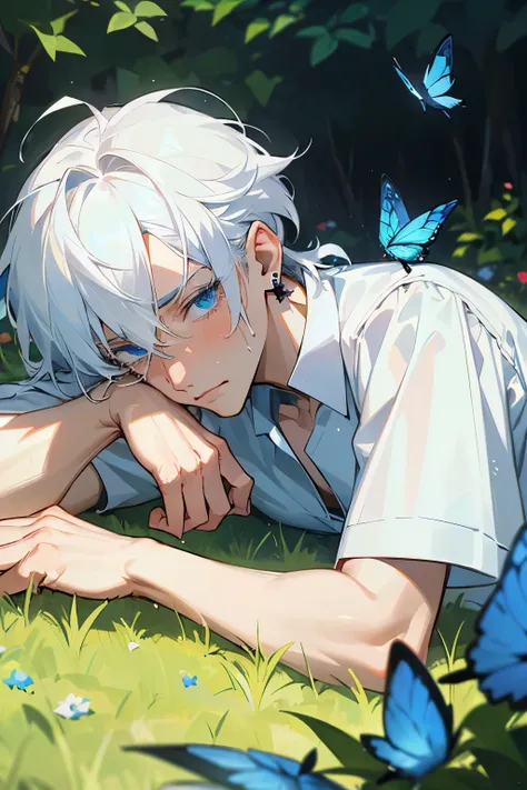 Excellent, masterpiece, white hair, blue eyes, hair, fair skin, man face with sharp angles in the garden park male bust shot lying on his side on the park grass with tears on his face a blue butterfly on his nose, clear despair in his eyes, white shirt, he...