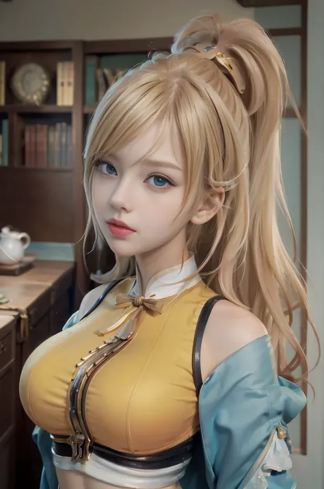 (Masterpiece, Best Quality, Big Breasts, Realism, Real, Photo: 1.4), Ji Xiaoman, Blonde, (Ulzzang-6500-V1.1:0.7), Very cute face, blue eyes, upper body, Big breasts, Real, photo
