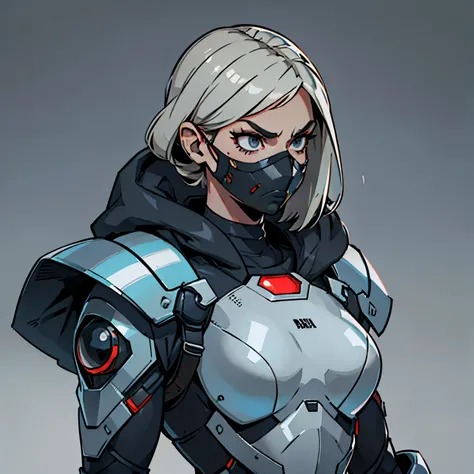 Woman 30 years old, slim, (evil), angry, she wears futuristic clothes, a futuristic protection mask with helmet covers her face, small breats, simple grey background