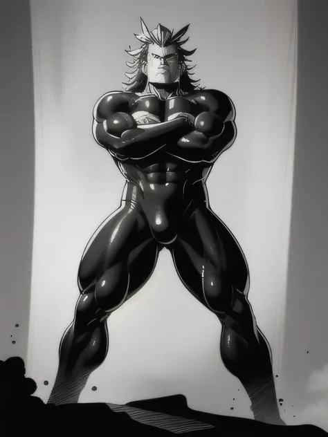 best quality, high resolution, manga, monochrome, handwritten style, allmight, hunk, black bodysuit, wet clothes, from below, arms folded, (nsfw:0.2),