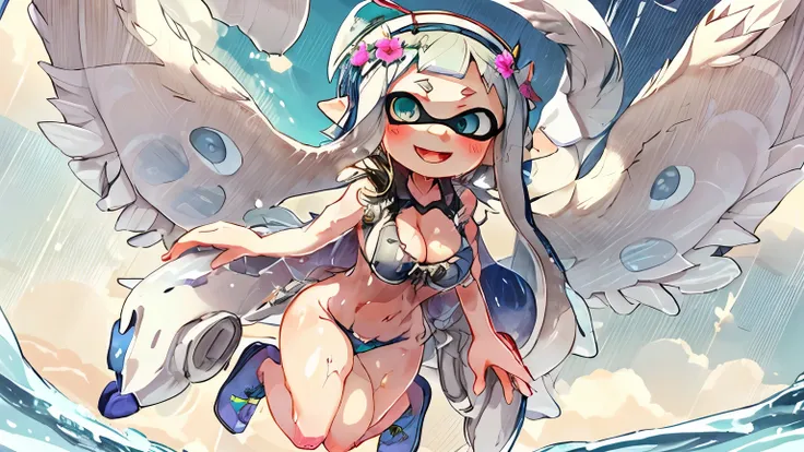 Splatoon Girl、whole body、3D、real anime、wide angle、(smile with wide open mouth)、(big breasts)、cleavage、wet chest、thin waist、blush、cheek、lipstick、wings are growing、Flapping on white wings、landing_wings、big and cute eyes、beautiful eyes、dynamic pose、flying in ...