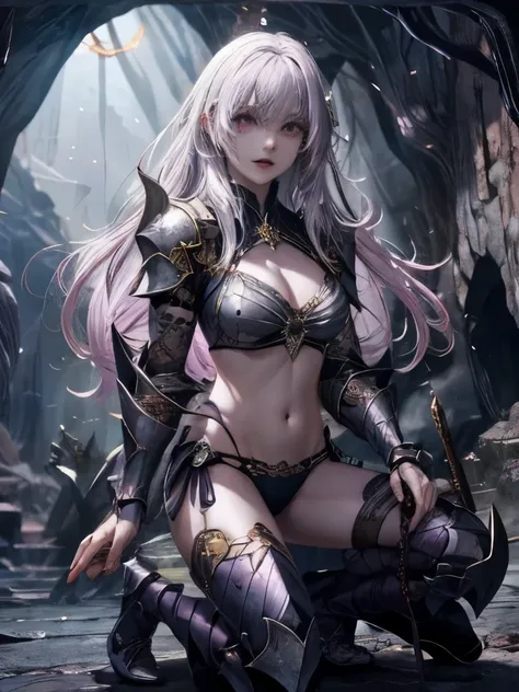 Beautiful woman with very long lilac hair、Navel exposure、silver bikini armor、get down on one knee、scary expression、another world、Stone Cave、dark