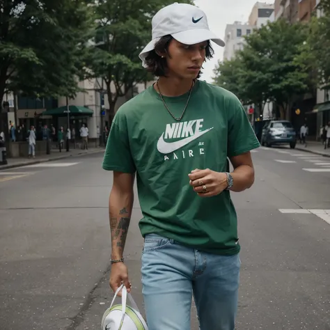 Create a men outfit embracing the aesthetic style with straight jeans, Nike Air Force 1, a green  oversized graphic t-shirt, rings and a bucket hat