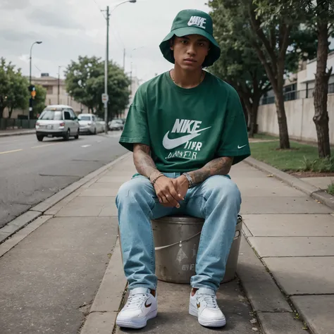 Create a men outfit embracing the aesthetic style with straight jeans, Nike Air Force 1, a green  oversized graphic t-shirt, rings and a bucket hat