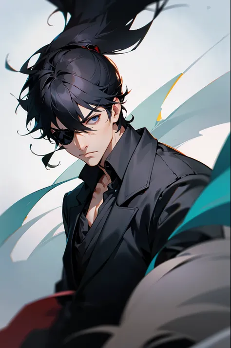 1 man, mature, black hair, serious expression, eyepatch on left eye,