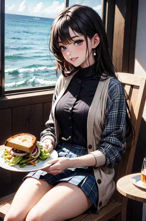 very cute and beautiful girl sitting on chair of cafe,(highly detailed beautiful face and eyes),
white blouse,laugh,happy,(beige cardigan:1.2) BREAK zettai ryouiki,black hair,
(blue plaid mini skirt:1.2),(cups of tea),(sandwiches on plate),(salad in bowl),...