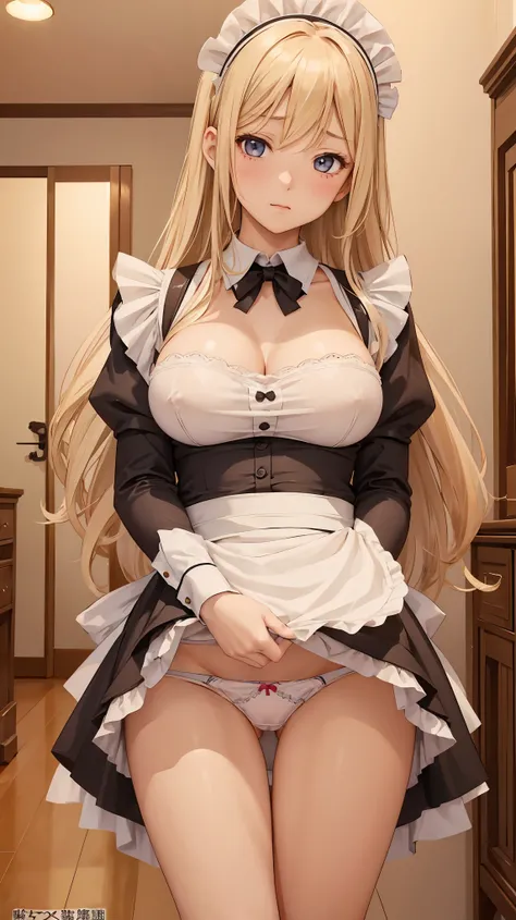 beautiful girl、perfect body、beautiful ample breasts、long blonde hair、((maid))、Looks embarrassed、((Show your panties))