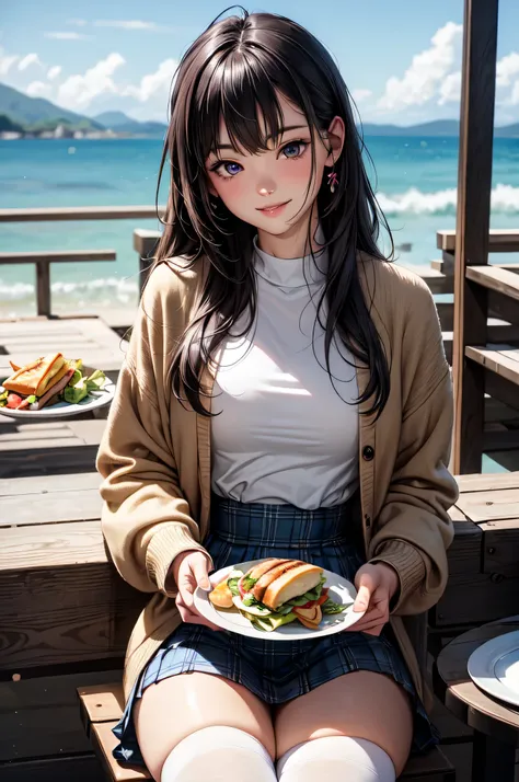 very cute and beautiful girl sitting on chair of cafe,(highly detailed beautiful face and eyes), white blouse,laugh,happy,(beige cardigan:1.2) BREAK zettai ryouiki,black hair, (blue plaid mini skirt:1.2),(cups of tea),(sandwiches on plate),(salad in bowl),...