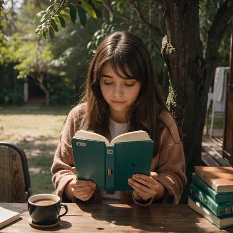 Uma estudante feminina sentada com livros sobre a mesa e de fones de ouvido grandes vermelhos seu cabelo verde longo e uma janela com uma paisagem exuberante ao fundo 