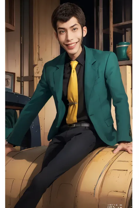 (highest quality, masterpiece, raw photo,super detailed:1.2), 1 man,alone,looking at the viewer, smile, green jacket, yellow tie...