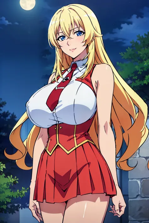 red and white uniform, bare shoulders, necktie, sleeveless shirt, red pleated skirt, outdoor, night time, yurishia farandole, takeda hiromitsu style, anime cels style, best quality, high resolution, (huge breasts:1.3), cowboy shot, blush, smiling, blonde h...