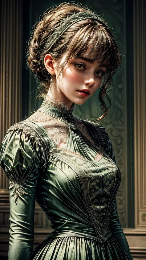 ((high quality work)), The lines are clear and concise., The green dress and beautiful pleated lace complement each other, It enriches the overlap of the whole picture, Elegant Edwardian lace dresses and princess skirts enhance the character, Gesture of tu...