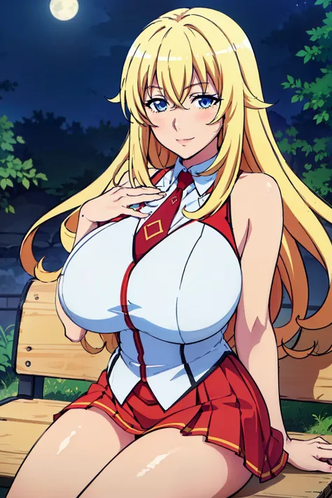 sitting on bench, (grabbing her breasts pose), red and white uniform, bare shoulders, necktie, sleeveless shirt, red pleated ski...