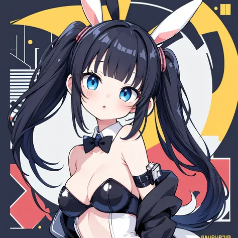 masterpiece, best quality, absurdres, illustration, black,Cyber Punk,
1 girl, playboy bunny, anime character, kawaii, cute, fuwafuwa,black hair,twin tail hair, blunt bangs,blue eyes,
postcard,