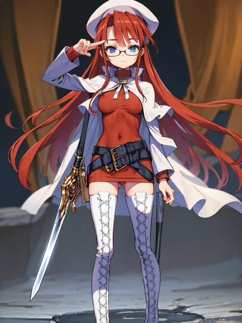 summonnightaty, aty, long hair, blue eyes, red hair, beret, hat, glasses,
BREAK long hair, thighhighs, hat, dress, boots, glasses, belt, cape, sweater, zettai ryouiki, beret, thigh boots, white footwear, ribbed sweater, loose belt,solo,
BREAK outdoors, fan...