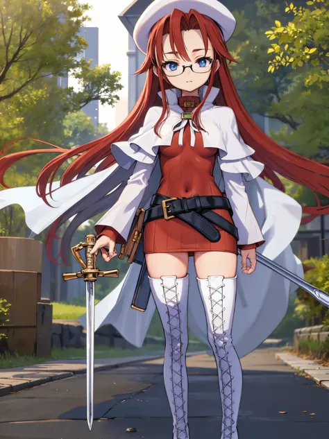 summonnightaty, aty, long hair, blue eyes, red hair, beret, hat, glasses,
BREAK long hair, thighhighs, hat, dress, boots, glasses, belt, cape, sweater, zettai ryouiki, beret, thigh boots, white footwear, ribbed sweater, loose belt,solo,
BREAK outdoors, fan...