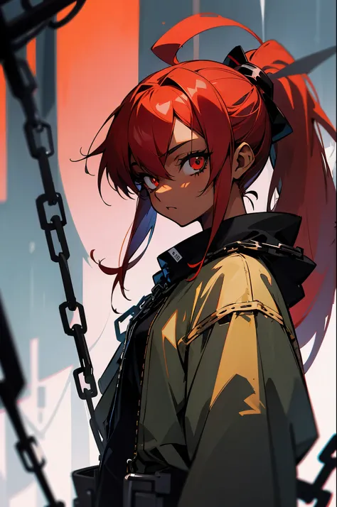 anime, illustrate, girl, anime styled, character design, 2d, y2k, grunge, cyber, red hair, emo, tan, dark skin, emo, chains, black, ponytails, edgy
