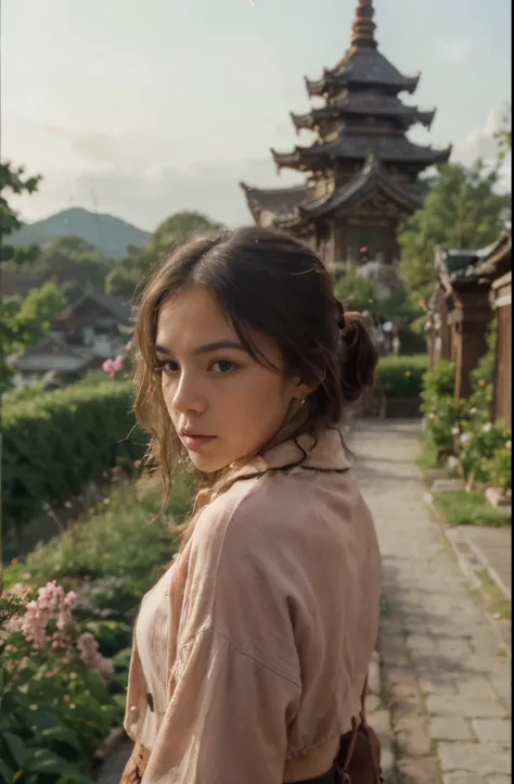 (Best quality, masterpiece),(1 girl, Miko, coat, facial expression, black eyes, looking ahead ,black hair, to walk, upper body), (night sky, A huge old tree behind, Falling glowing pink petals behind, temple behind, mountain background, blowing wind, Meteo...