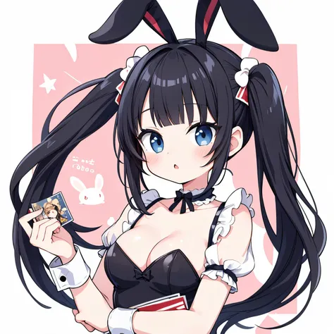 masterpiece, best quality, absurdres, illustration, black,
1 girl, playboy bunny, anime character, kawaii, cute, fuwafuwa,black hair,twin tail hair, blunt bangs, choker,
postcard,