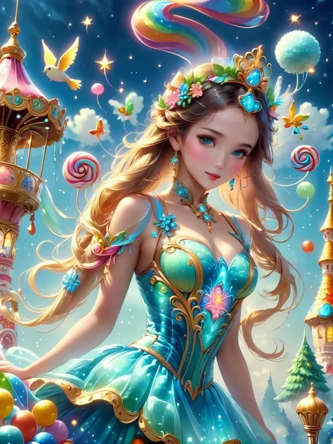 Disney World full of candy,(Candy Princess：1.5），Beautiful Candy Princess，Candy Carousel，A full of fantasy candy wonderland，Vibrant，Colorful，Glittering sugar sculptures，Lollipop tree，Candy Cane Road，cotton candy cloud，A magical castle made of candy，candy fo...