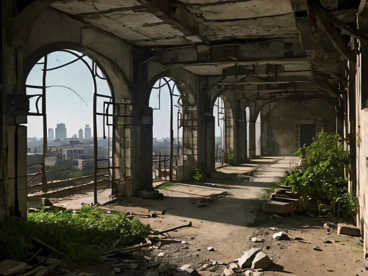 exposed concrete walls stand in a row, partially collapsed. latticed windows are distorted, doors damaged, as nature encroaches ...