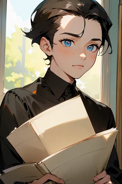 Realistic, (Best quality, Masterpiece:1.3), 1boy,Solo, Reading, hair black, Bright pupils, Short hair, hair slicked back,black long sleeve shirt, Study, near a window, well-illuminated, fansty world
