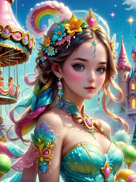 disney world full of candy,(candy princess：1.5），beautiful candy princess，candy carousel，a candy wonderland full of fantasy，vibra...