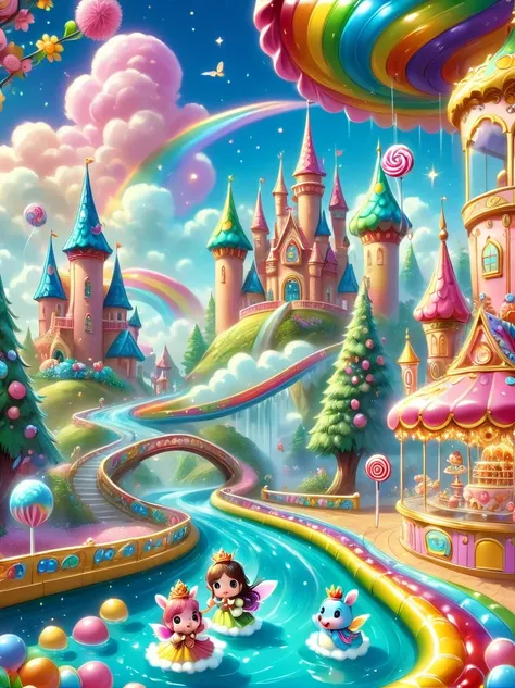 Disney World full of candy（Candy Princess：1.5），Beautiful Candy Princess，cute princess，beautiful big eyes, mischief_Smile, charming_full outfit, A full of fantasy candy wonderland，Vibrant，Colorful，Glittering sugar sculptures，Lollipop tree，Candy Cane Road，co...