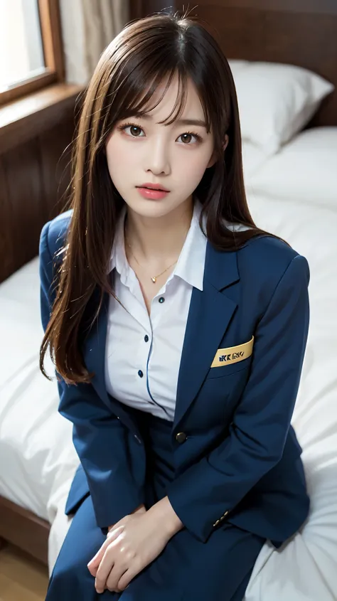 Graduation Ceremony、high school girl、uniform 、navy blue blazer、Bedroom、on the bed, sleep on your back、raise your legs, perfect proportions、cute、((18 year old female:1.2))、young adorable japanese face，official art，Highly detailed CG Unity 8K wallpaper，（mast...