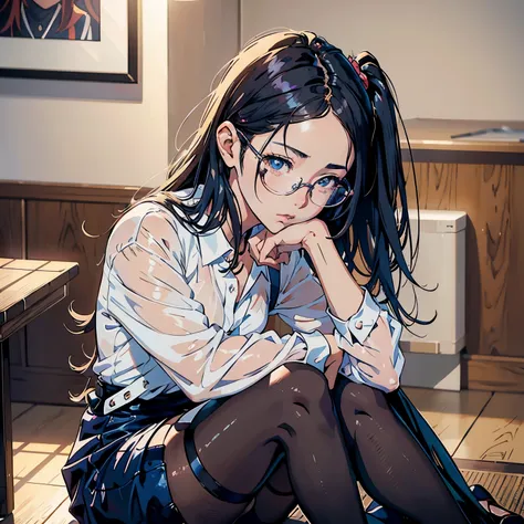 Anime girl with glasses sitting on the floor in a room, realistic anime art style, seductive anime girl, beautiful anime high school girl, anime girl squatting, realistic anime art style, anime moe art style, realistic young anime girl, beautiful anime gir...