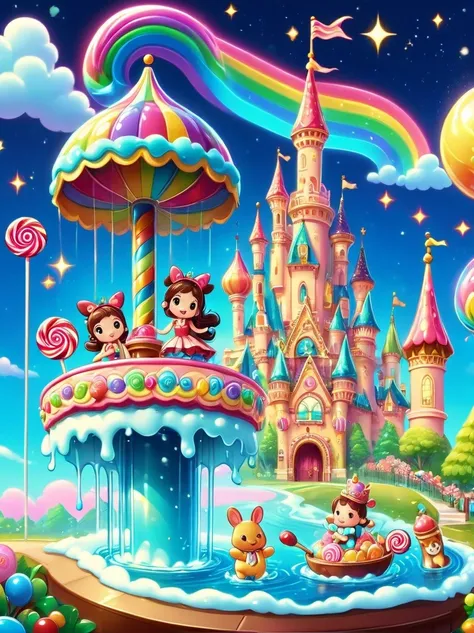 Disney World full of candy（Candy Princess：1.5），Beautiful Candy Princess，cute princess，beautiful big eyes, mischief_Smile, charming_full outfit, A full of fantasy candy wonderland，Vibrant，Colorful，Glittering sugar sculptures，Lollipop tree，Candy Cane Road，co...