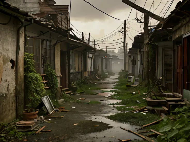 rainy evening.
dilapidated wooden apartment buildings stand in a row, their exteriors peeling off, window frames distorted. roof...