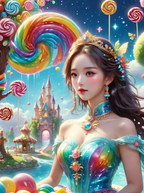 Disney World full of candy（Candy Princess：1.5），Beautiful Candy Princess，cute princess，beautiful big eyes, mischief_Smile, charming_full outfit, A full of fantasy candy wonderland，Vibrant，Colorful，Glittering sugar sculptures，Lollipop tree，Candy Cane Road，co...