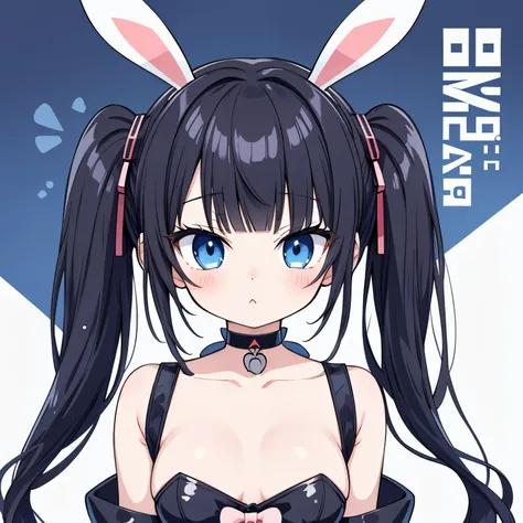 masterpiece, best quality, absurdres, illustration, black,Cyber Punk,
1 girl, playboy bunny, anime character, kawaii, cute, fuwafuwa,black hair,twin tail hair, blunt bangs,blue eyes, choker,
postcard,