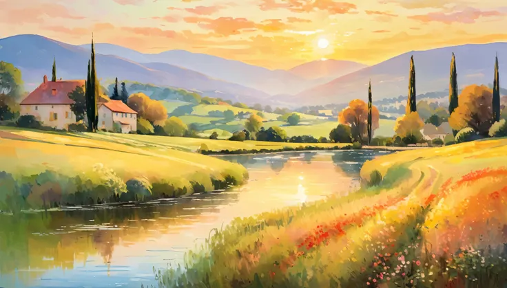 A serene countryside landscape during golden hour, with soft, painterly brushstrokes capturing the warm light and gentle colors, inspired by the works of Claude Monet and Pierre-Auguste Renoir.