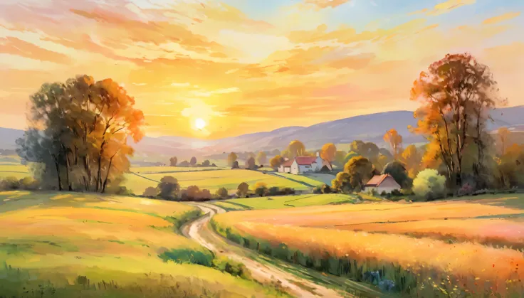 A serene countryside landscape during golden hour, with soft, painterly brushstrokes capturing the warm light and gentle colors, inspired by the works of Claude Monet and Pierre-Auguste Renoir.