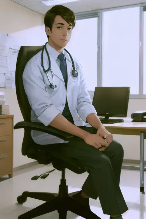 doctor sitting in a chair, estilo realista, large office
