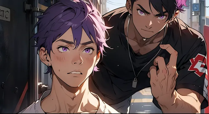 cute boy is upset 17 years old purple eyes purple hair