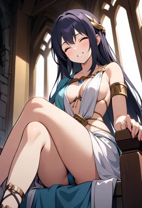 顶级animation质量，animation，HD，1080P，solo，(low angle)，a woman，close mouth，smile，extremely detailed hair，very long hair，close eyes，(cygames)，Wearing only ancient Greek robes，One shoulder off，leg rings，Body Chain，very sexy，sit on the throne，Cross your legs，(Prin...