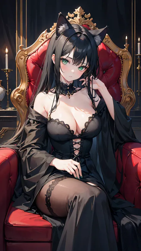 8k, best quality, (lifelike:1.4), original photo, 1 girl, Black hair, cat ears, elegant gown, posture: reclining on Gothic throne, green eyes